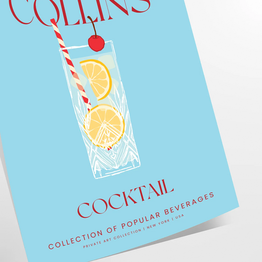 space stunning Tom Collins cocktail poster vibrant yellow blue hues wall art lovers print ideal gift splash creativity room frame