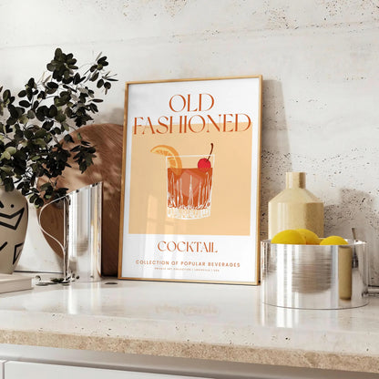 space vibrant Old Fashioned Cocktail Art poster bold orange red hues unique wall stylish gift print essence vintage charm sizes A4 cm A0